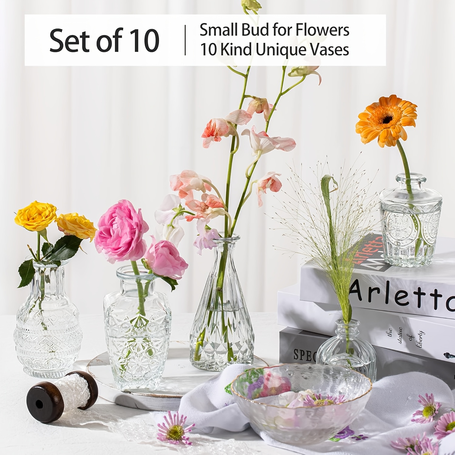 10 Uds. Jarrones pequeños de cristal transparente florero a granel, jarrones Vintage, Mini florero de boda, pequeño juego de florero pequeño para mesas