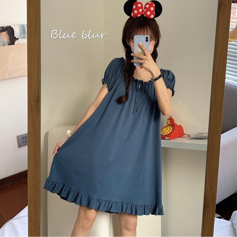 Nightgowns Women Summer Ruffles Lovely Girls Solid Nightwear Knee-length Loose Comfortable Ulzzang Basic Casual Popular Clothing