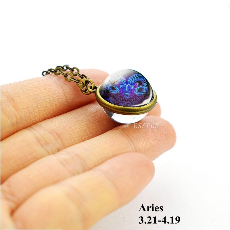 Regalo di compleanno 12 Costellazione Zodiacale Collana Doppio Lato della Sfera di Vetro Del Pendente Della Collana per Le Donne Astrologia Gioielli: Aries