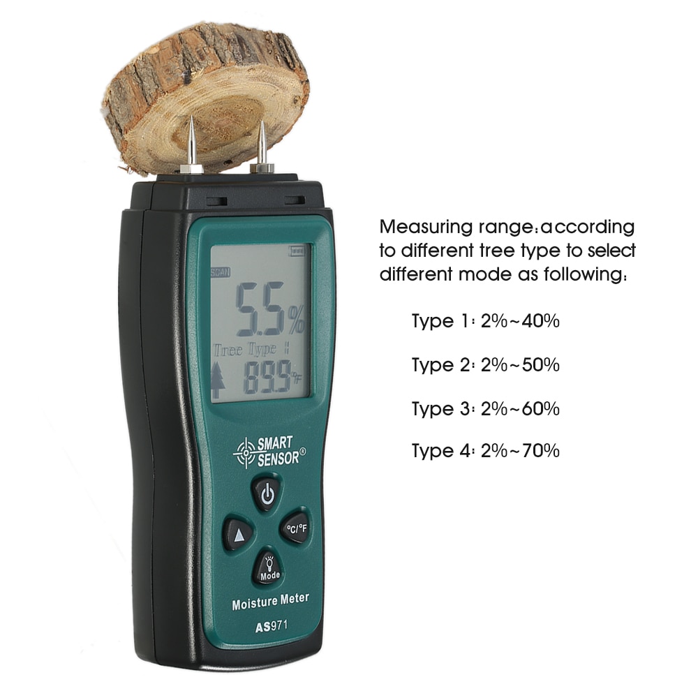 Wood Moisture Meter 4 kinds of Tree Type LCD Backlight Lumber Damp Meter Data Hold 2 Pin Probe Range 2%~70% AS971