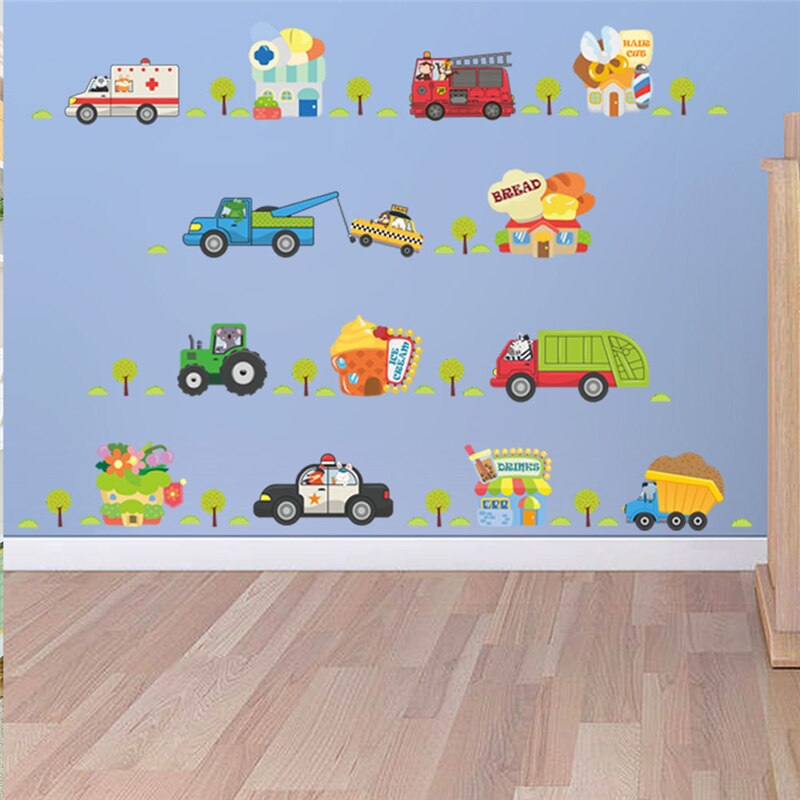 Cartoon voertuig verkeer transport cars vrachtwagens muurstickers slaapkamer nursery home decor jongens pvc muurstickers diy muurschilderingen