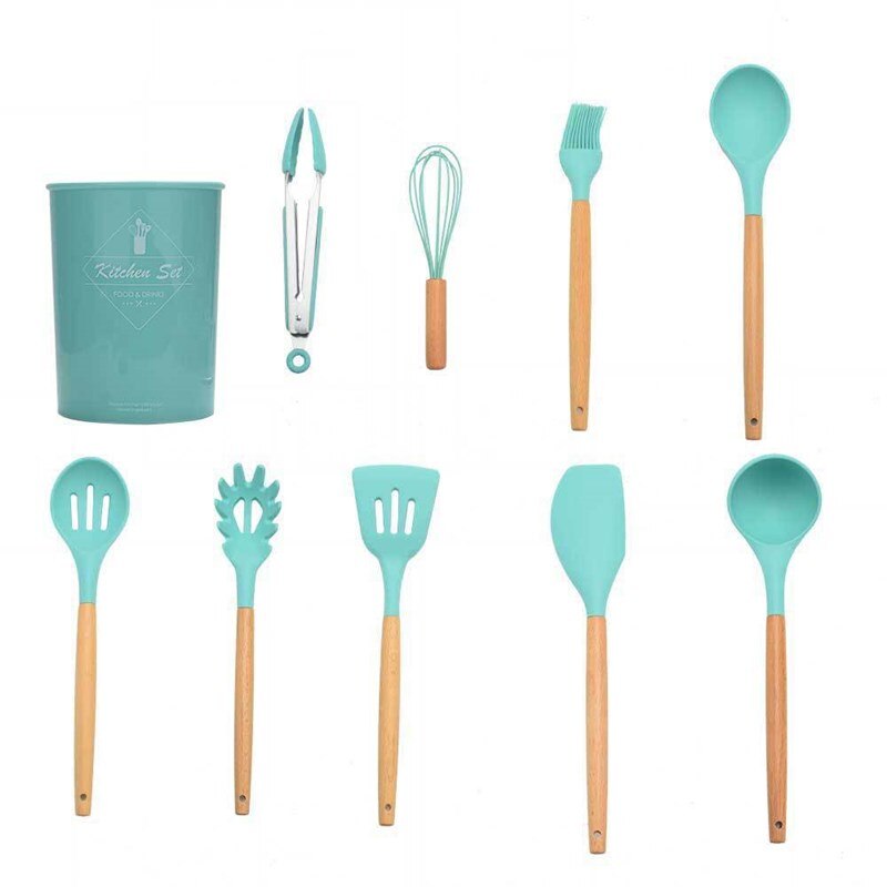 Ensemble d'ustensiles de cuisine en Silicone 11 pièces, poignée en bois massif rose avec boîte de rangement, accessoires d'outils de cuisine Kit de cuisine: Mint green 9pcs B