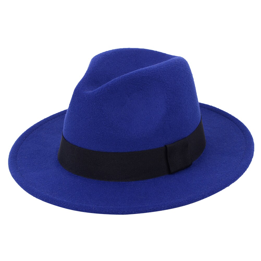 Dames heren britse retro grote vilt fedora's rand hoed zwarte wollen vilt vintage herenhoed platte rand hoge hoed: Blauw