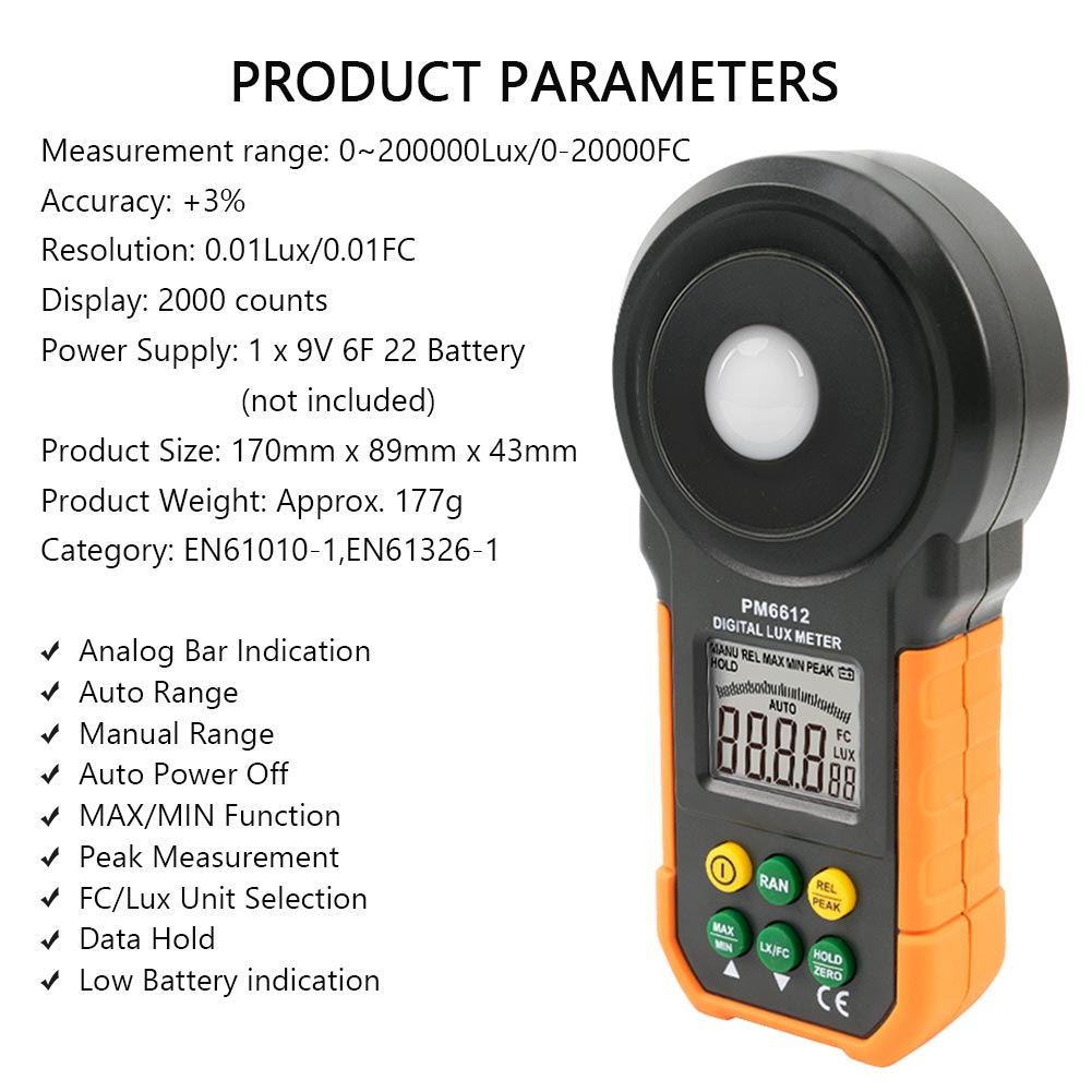 Appareil de contrôle portatif portatif de lumière d'abs 200000Lux PM6612 mesurant l'affichage d'affichage à cristaux liquides de haute précision de mètre d'illumination de luxmètre numérique
