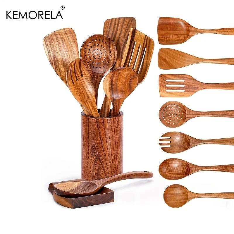 4/7/9 Uds cucharas de madera para cocinar utensilios de madera para cocinar con soporte para utensilios juego de utensilios de cocina de madera de teca