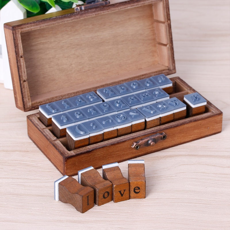 Juego de sellos de goma de madera, letras del alfabeto Retro, mayúsculas, minúsculas, para manualidades, 30 Uds.