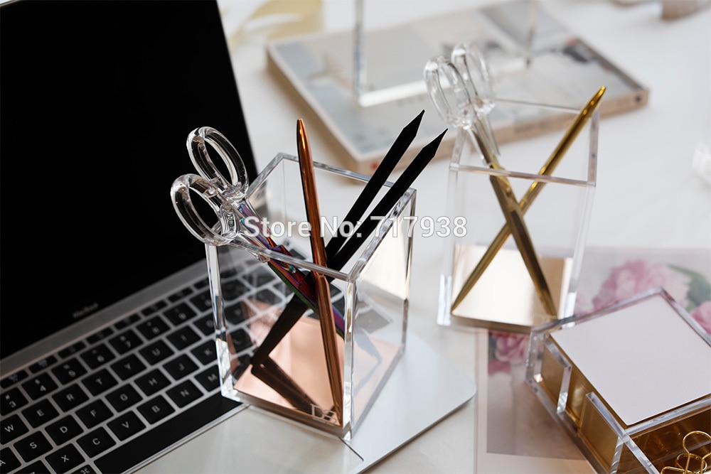 yellow gold /rose gold Acrylic Pencil and Pen Holder, Desktop Stationery Organizer Modern