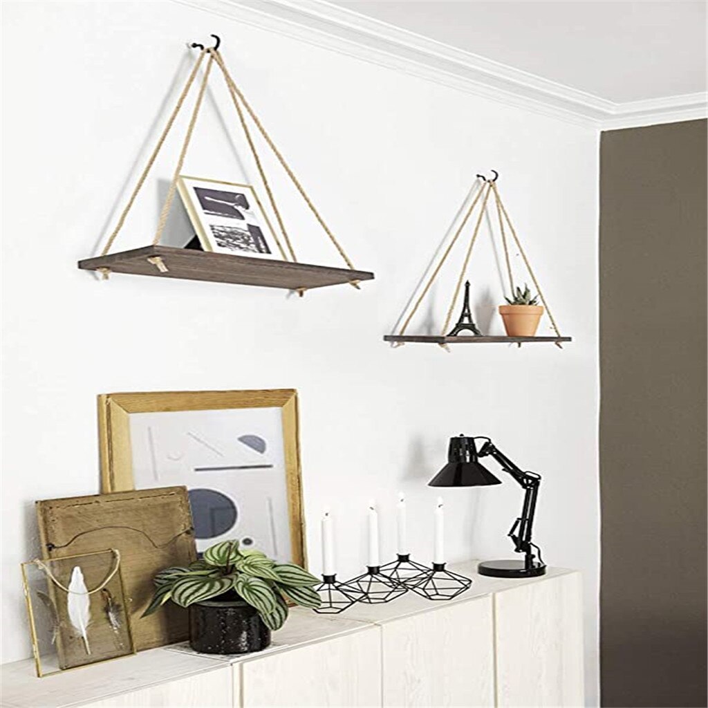 Columpio de madera de primera , cuerda colgante montada en la pared, estantes flotantes, maceta de flores para plantas, decoración interior y exterior, simple