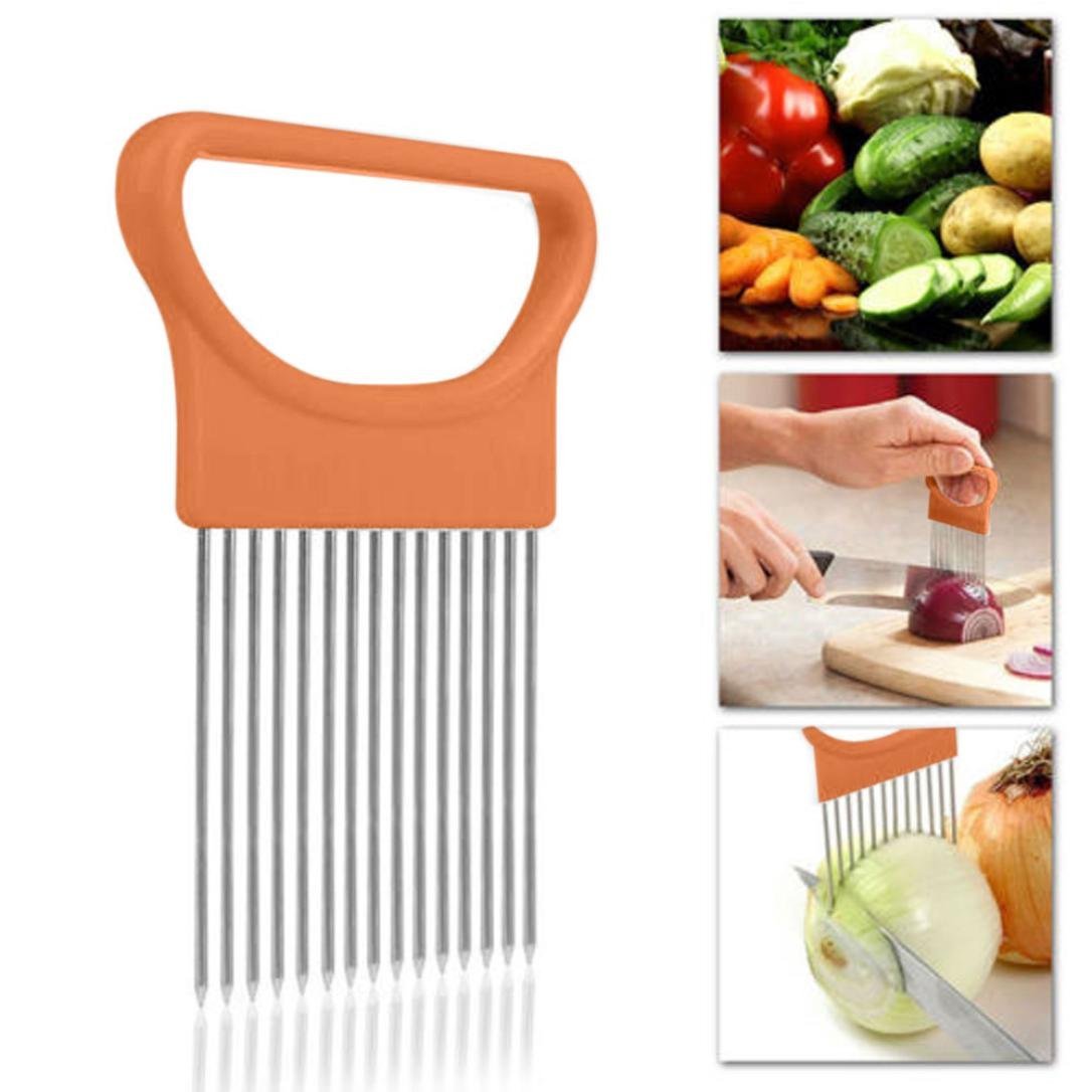 Teenra 1 stk plast løgholder skiver let skåret løgholder gaffel rustfri grøntsagsskærer kødnål gaffel tomatholder: Orange