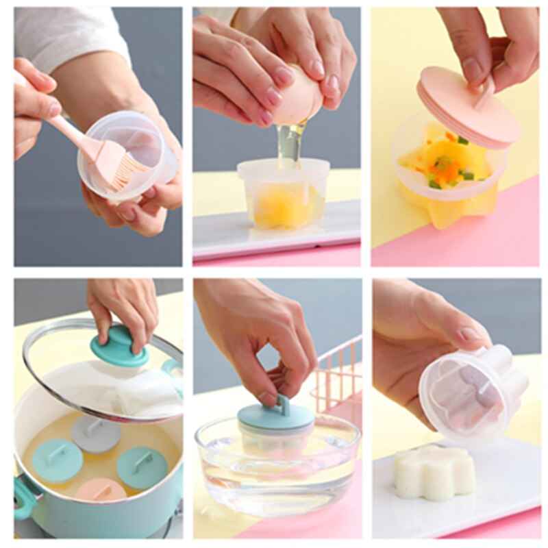 4 Stuks Keuken Huishoudelijke Eierkoker Plastic Eierkoker Keuken Gereedschap Ei Mold Forming Machine Met Deksel Borstel Pannenkoek Maker