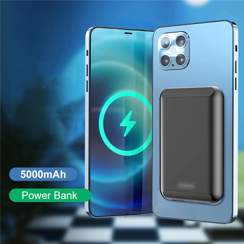 CASEIER Magnetic Wireless Charger 5000mAh Mini Power Bank For iPhone 12 Pro Max Magnetic External Battery Portable Powerbank: Black