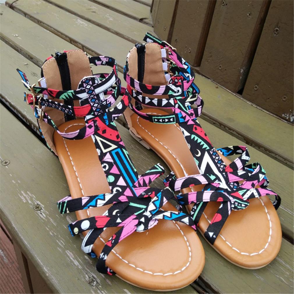 Bohemian Women Flat Shoes Ethnic Bohemian Summer Women Beach Sandals Gladiator Roman Strappy Embroidered Outdoor Shoes