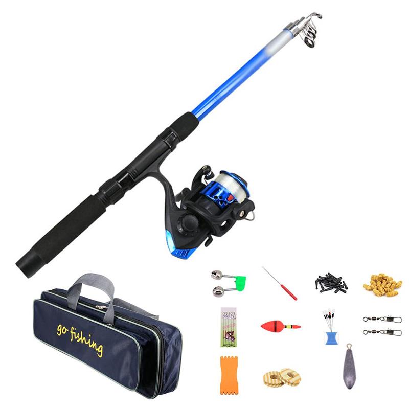 Portable Telescopic Fishing Travel Combo Fishing Rod And Spinning Blue Reel Baits Hooks Line Full Set Travel Drift Bell Hook Kit