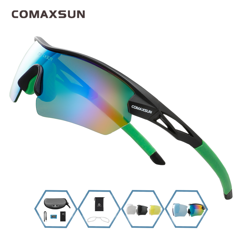 COMAXSUN Polarized Cycling Glasses Bike Goggles Outdoor Sports Bicycle Sunglasses UV 400 With 5 Lens TR90 2 Style: Style 2 BLACK GREEN