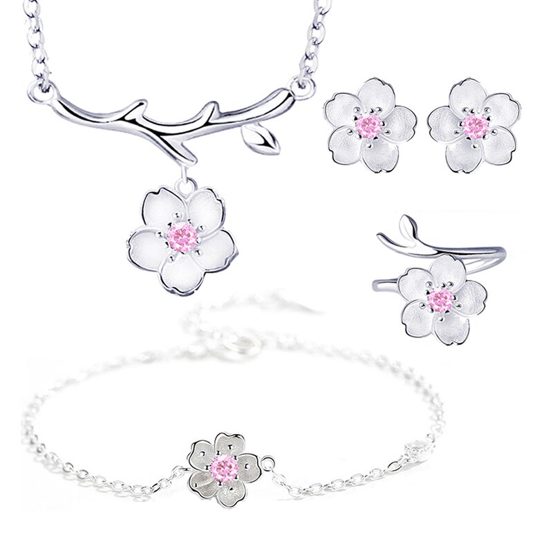 ANENJERY – ensemble de bijoux romantique couleur argent, fleur de cerisier, pendentif, joli ensemble de mariage: Pink 4 pcs per set