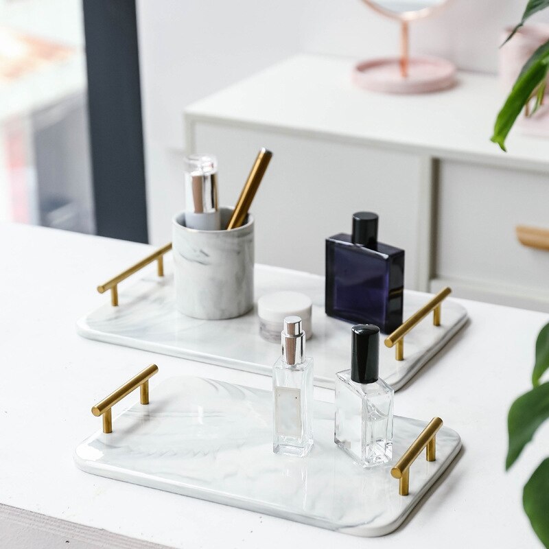 Nordisk stil gullbelagt håndtak keramisk marmorbrett oppbevaringsbrett oppbevaringstavle kake desserttallerken sushi tallerken smykker display tr