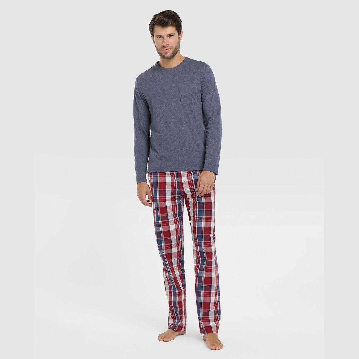 Unit - Pijamas de hombre Conjunto de Pantalón a cuadros rojo y azul y camiseta de algodón con manga larga azul, ropa para dormir