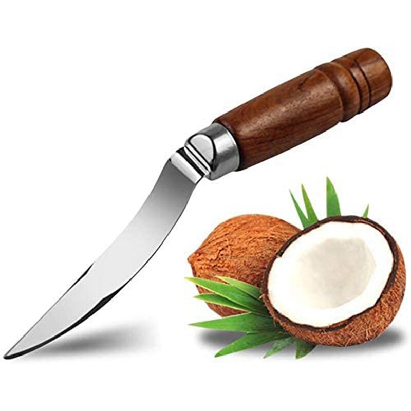 WSFS Coconut Tool Coconut Meat Remover Durable Wooden Handle Stainless Steel Coconut Opener Scraper Knife for Kitchen Home