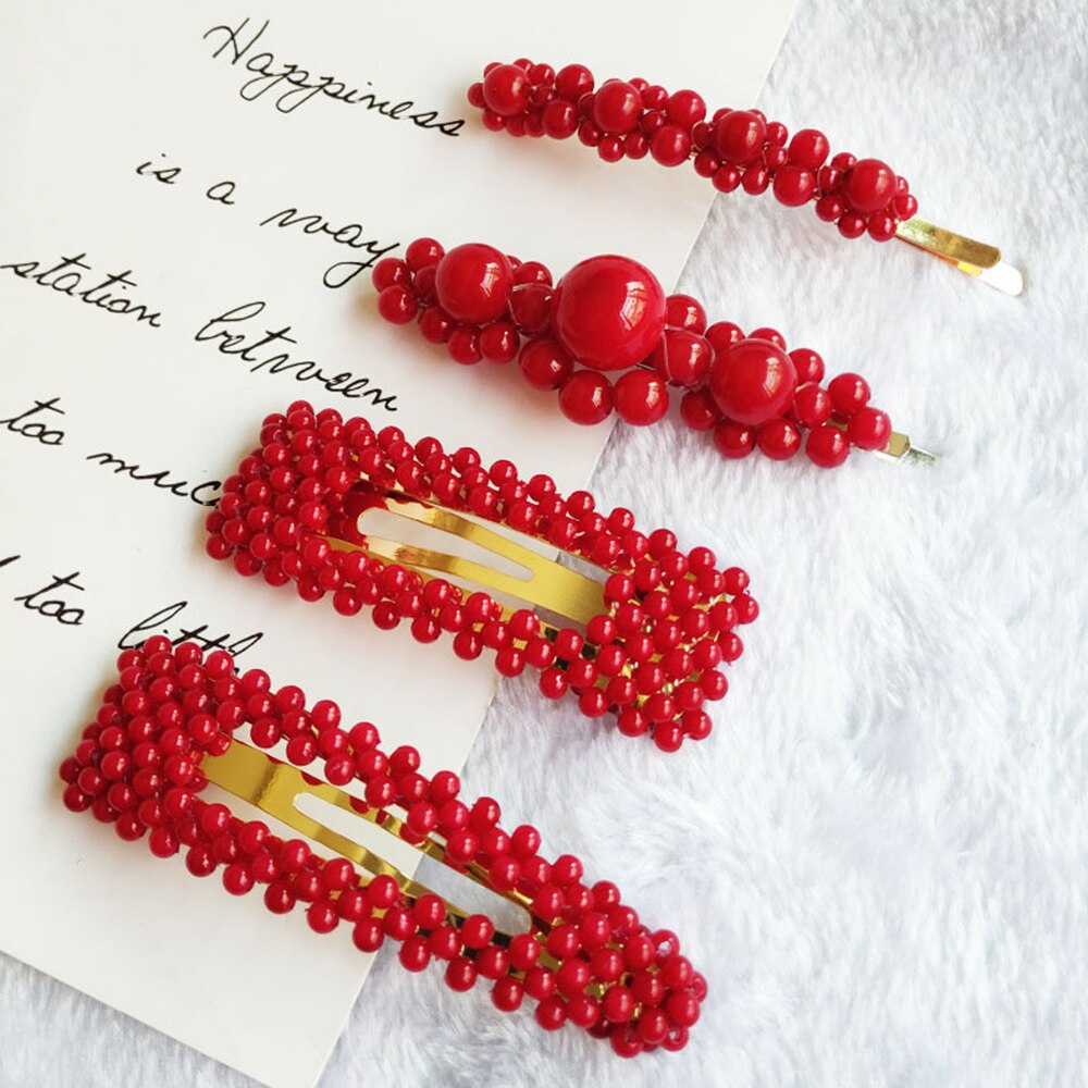 1Pc de rojo Clip de perla para el cabello para mujer coreano broche de pasador de horquilla de barra Accesorios para peinados