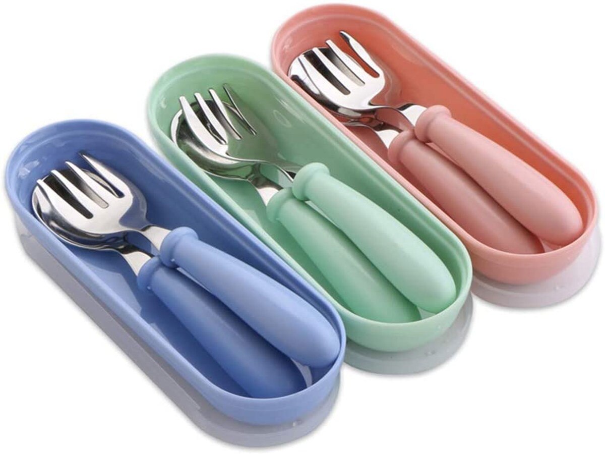 Durable Candy Color Children Fork Spoon Set 304 Stainless Steel Tableware Solid Feeding Utensils Ergonomic Easy To Clean