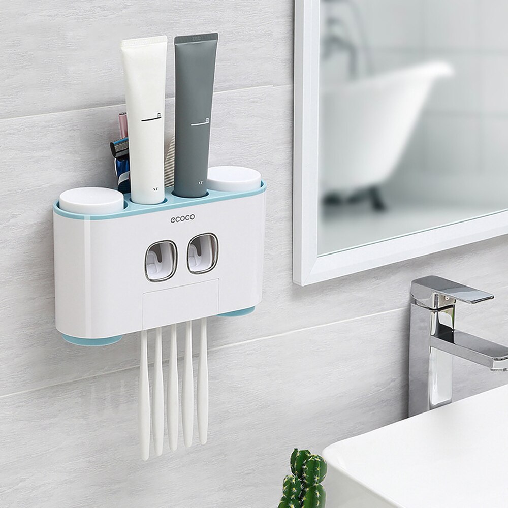 Automatic Squeeze Toothpaste Set Wall-Mounted Toothbrush Holder with 2 Toothpaste Dispensers 4 Cups and 5 Toothbrush Storage