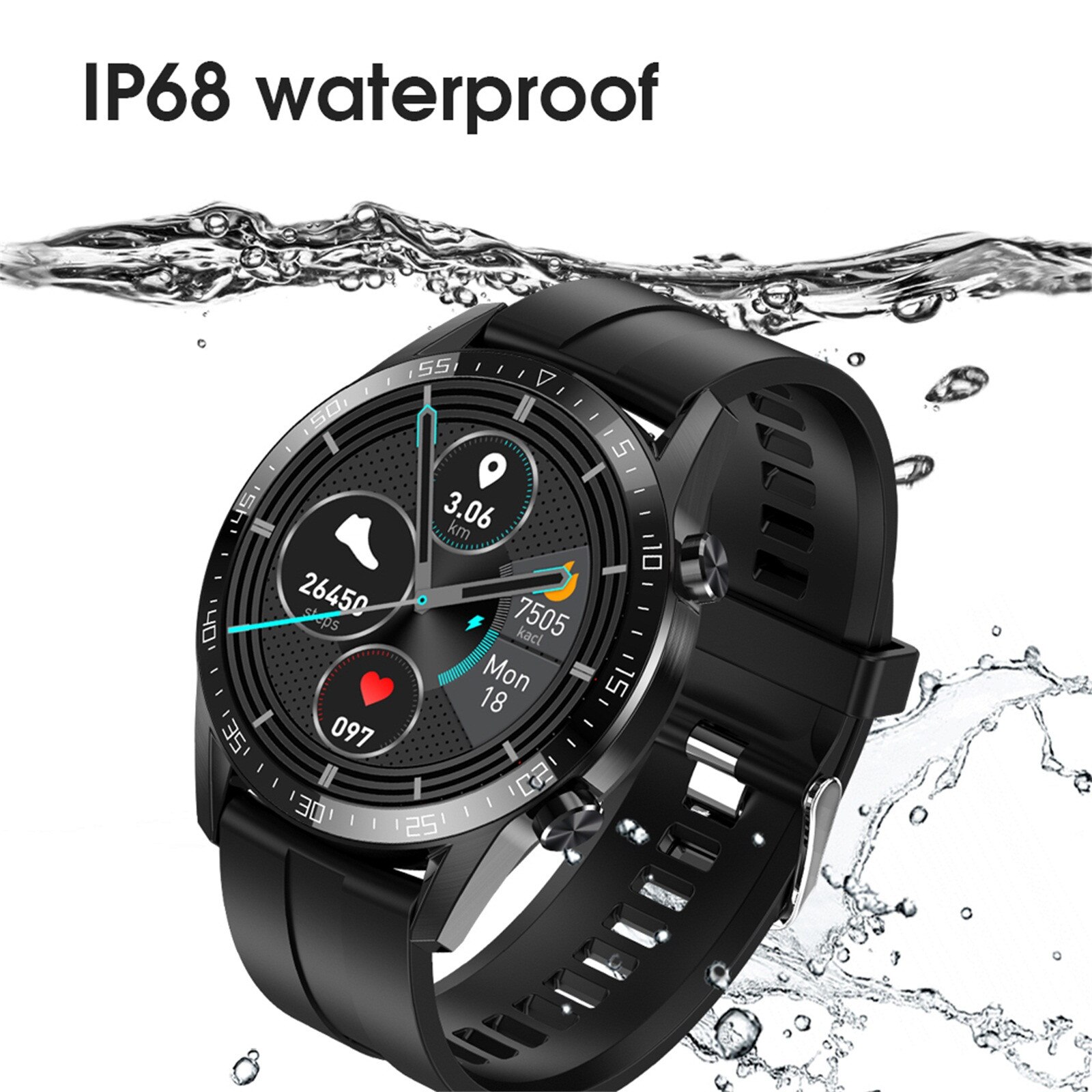 BEHATRD Smartwatch - 1.28" Temperature, Heart Rate, GPS - IP68 Waterproof - Rubber & Silicone Strap