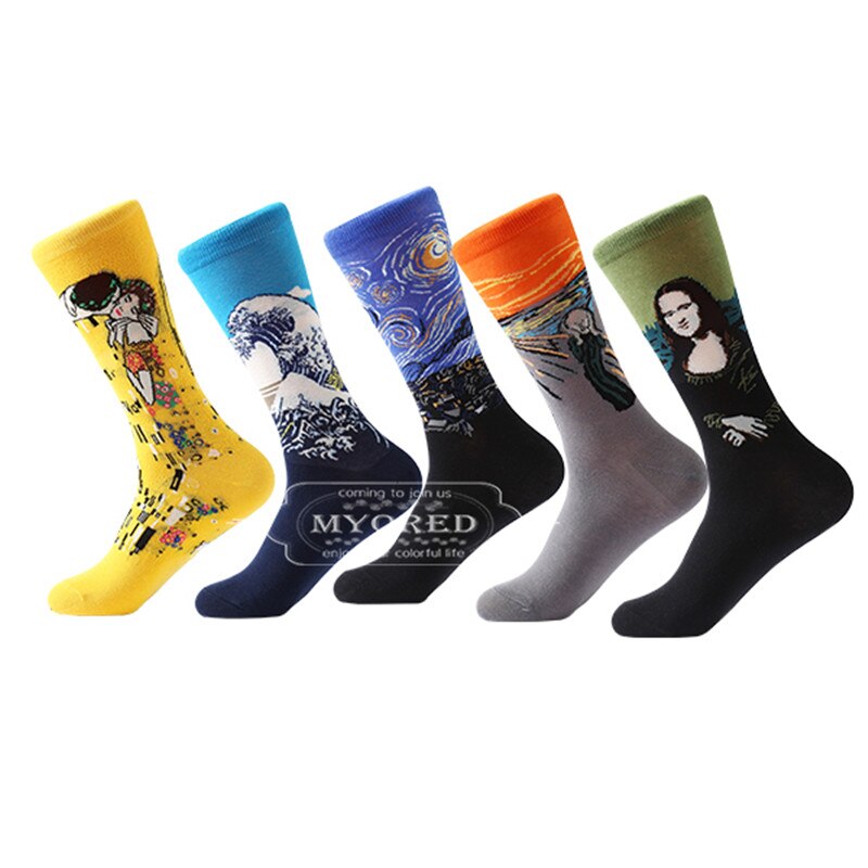 MYORED 5 pair/lot Men's Painting socks cotton Retro Oil Painting socks crew funny sock casual dress colorful wedding NO BOX