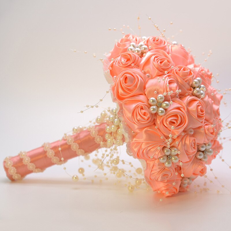 Janevini 2020 nova noiva flores cetim rosa pérolas rosa casamento buquê de cristal nupcial buquê fleur artificielle branco broche: Photo Color