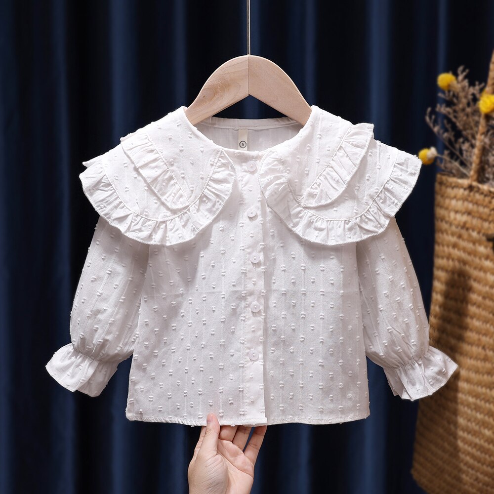 Vêtements pour filles de 1 à 8 ans, chemisier Jacquard rose solide, chemises de printemps, grand col à revers froncé, Double couche, Tops Camisas