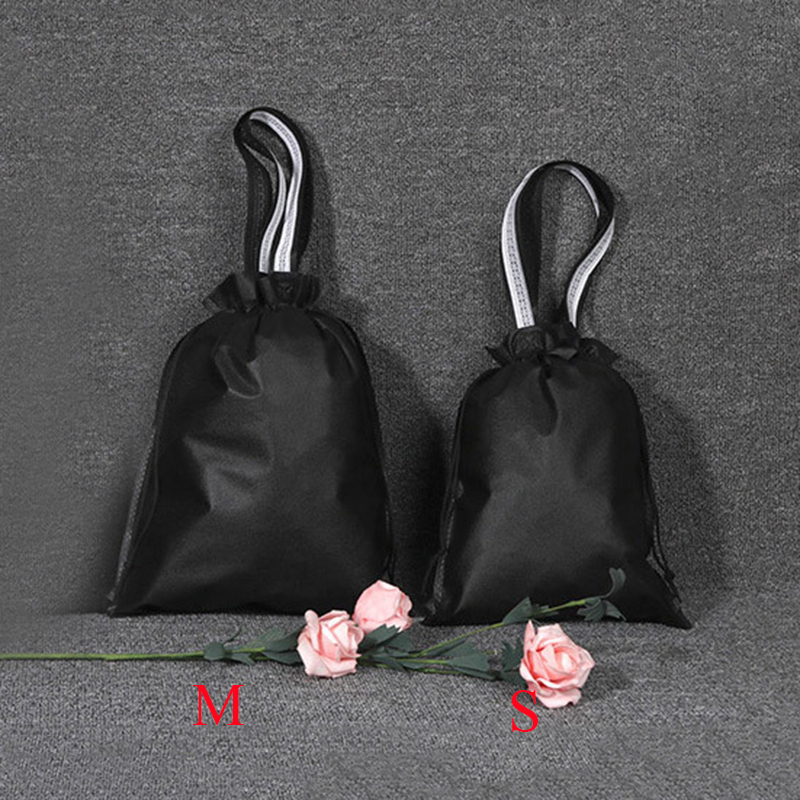 Portable Drawstring bags Girls Shoes Bags Women Non-woven Travel Pouch Storage Clothes handbag Dustproof Makeup bag: black S