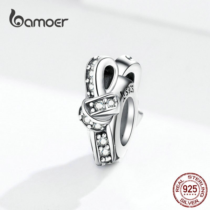 Bamoer bowknot espaçador rolha com silicone 925 prata esterlina claro cz nó charme para o original 925 prata pulseira scc1234