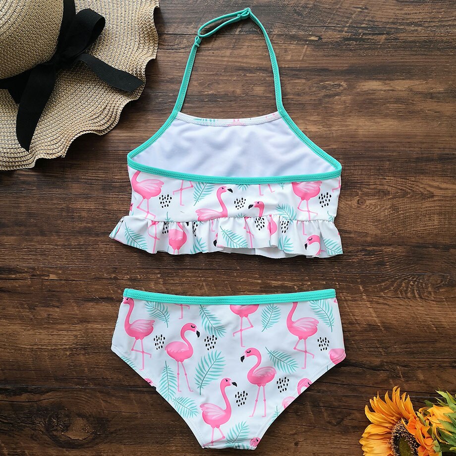 3-12 vuotta lapset uimapuvut flamingo print tyttö uimapuku riimu top tyttö bikini set falbala 2 kpl lasten uimahousut rantaasut