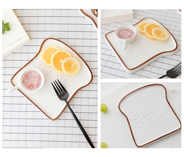 European Style Embossed Plates Ceramic Breakfast Bread Snack Tray Dessert Plate Brown Edge Toast Shaped Pattern Tableware