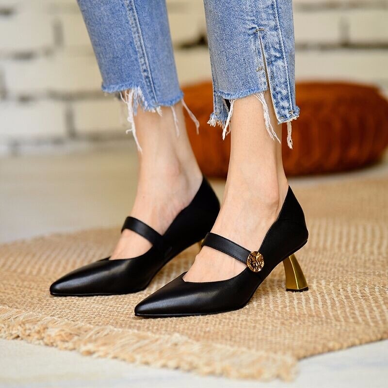 Herfst puntige neus pu dames hoge hakken rubber dikke hakken dames pumps schoenen instappers bruiloft feest schoenen voor vrouwen: Zwart / 5