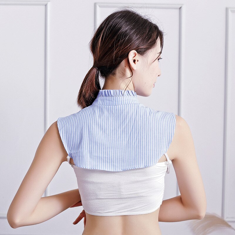 Linbaiway Blauwe Strepen Afneembare Stand Nep Kraag Voor Vrouwen Button Down Valse Kraag Vrouwelijke Verwijderbare Half Shirt Blouse Decor