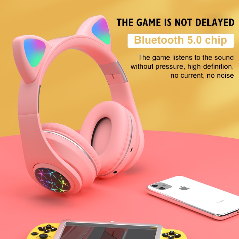 RGB Cat Ear Headphones Bluetooth 5.0 Noise Cancelling Adults Kids girl Headset Support TF Card FM Radio With Mic bracelet