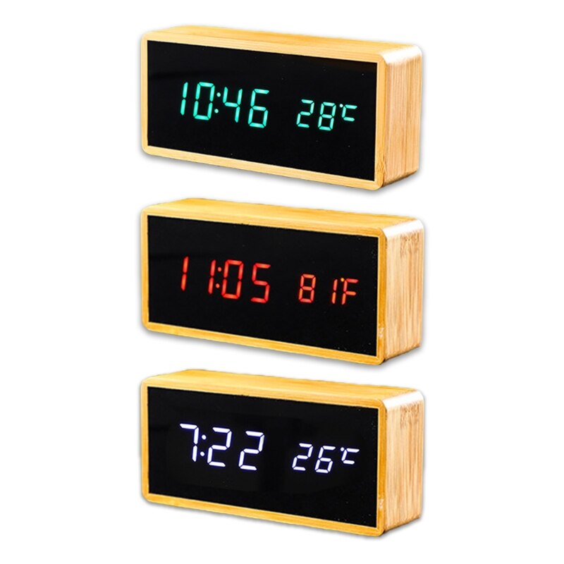 Electronic Digital Temperature Time Dual Display Desktop Alarm Clock LED Wooden