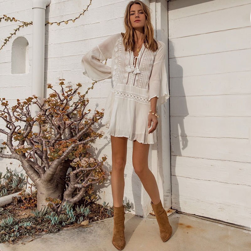 Swim Cover Up Kaftan Strand Gewaad Plage Beachwear Pareo Voor De Saida De Praia Hoorn Lange Mouwen Kleding Losse Chiffon verstoorde Lace