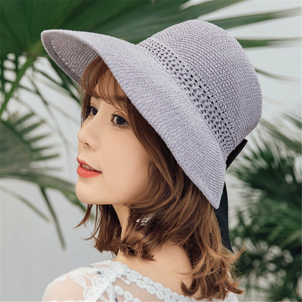 tSun hat foldable straw hat empty top sun hat female summer all-match hat sun hat to cover face outing: Gray