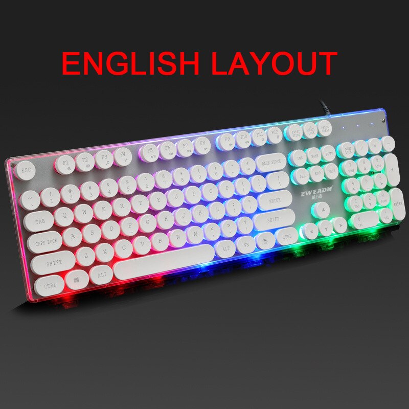 Gaming Russian Keyboard Retro Round Glowing Keycap Metal Panel Backlit USB Wired Metal Panel Illuminated Border Waterproof: English White