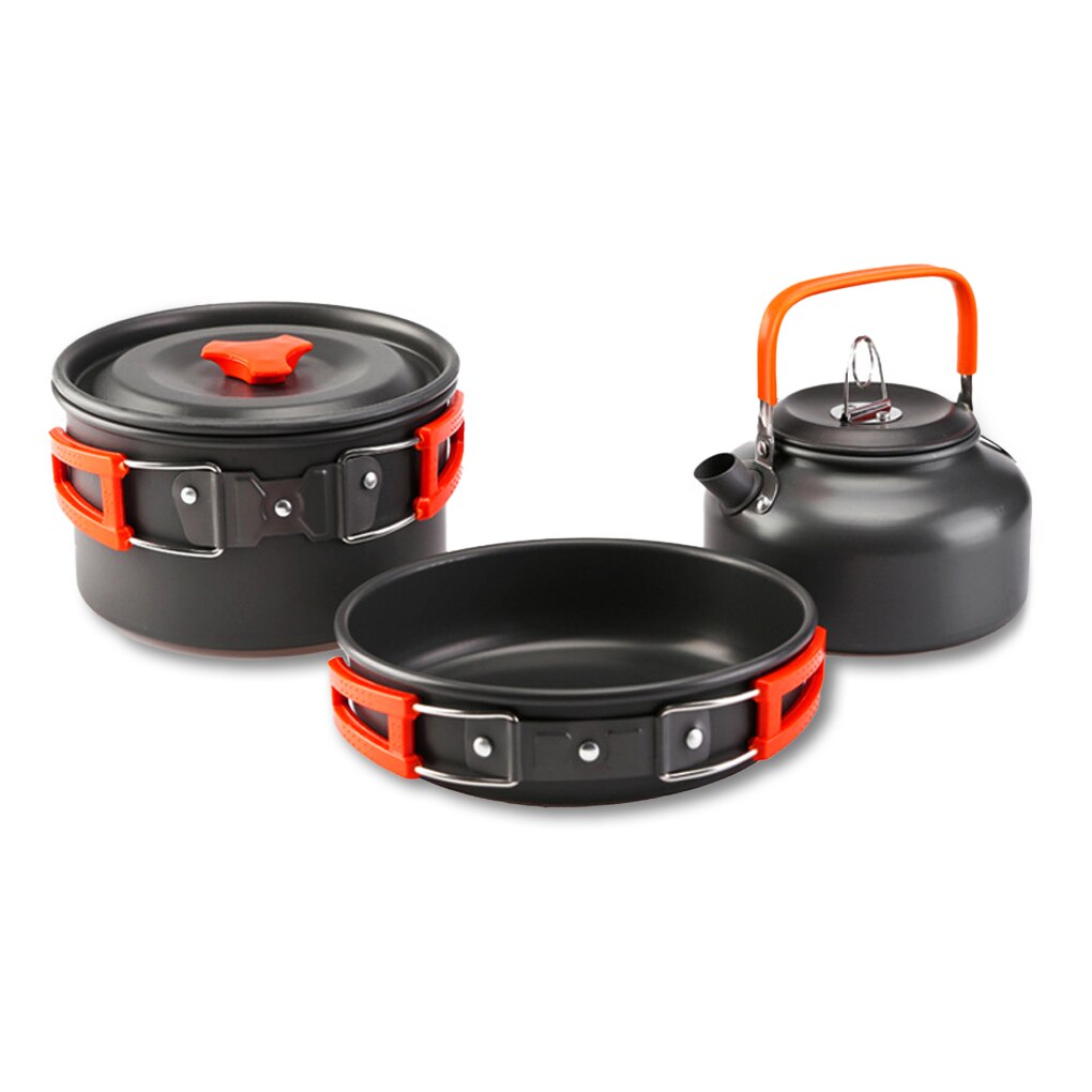 14/3 PCS Camping Cookware Outdoor Aluminum Portable Cookware Kettle 2-3 People Hiking Anti-scald Equipment Spoon Frying Pan: Orange B