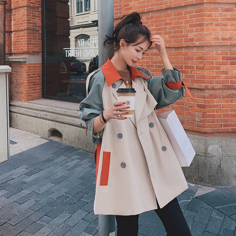 Women Coat Long Jacket Autumn Winter Korean Sweet Full Long Turn-down Collar Spliced Double Breasted Coats