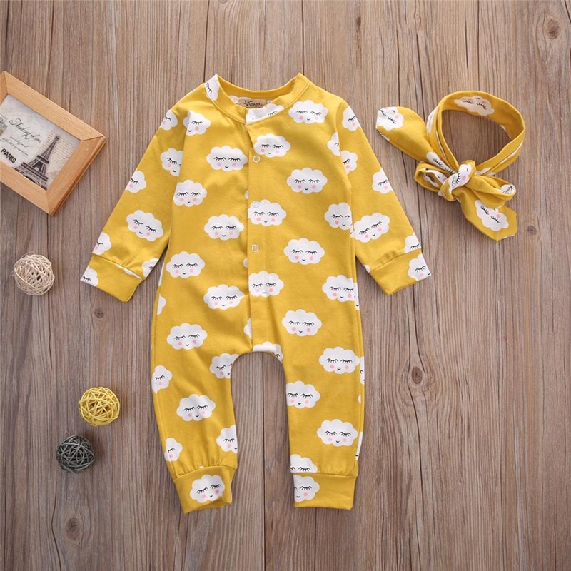 Schattige baby rompertjes babymeisje jongen cartoon romper lange mouwen jumpsuit playsuit outfits babykleding met hoofdband