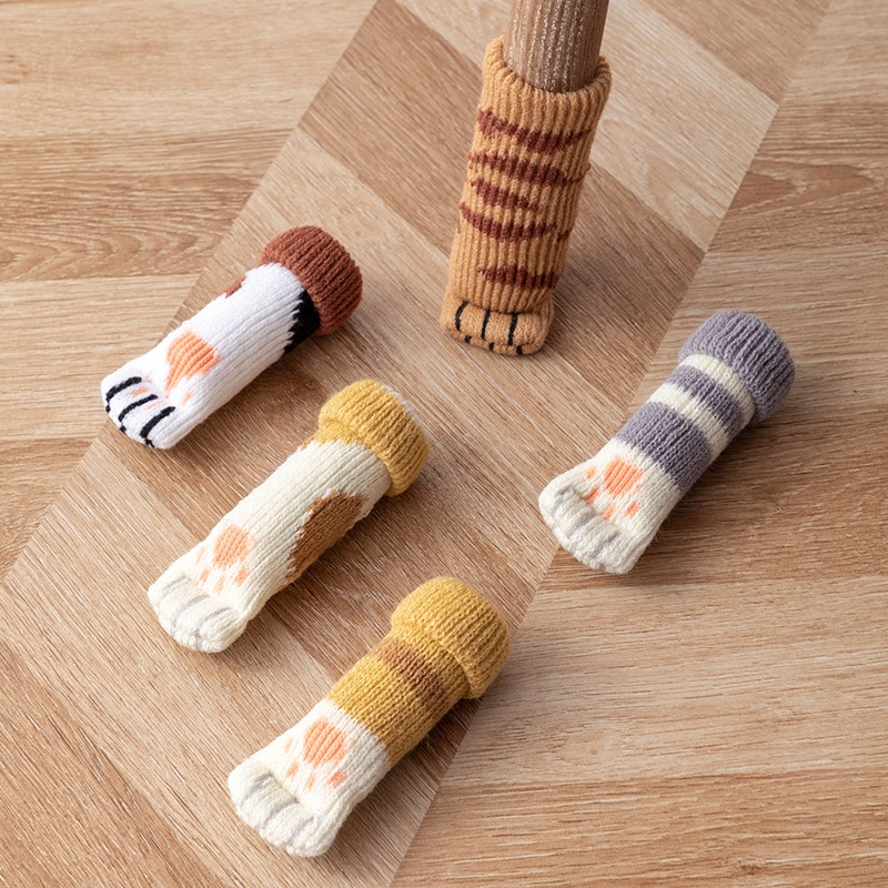 4 pçs gato pata mesa pé meias cadeira perna capas protetores de chão antiderrapante tricô meias para móveis desenhos animados decoração de casa
