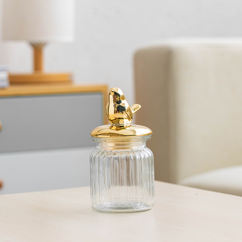 Transparent Glass Storage Jar Golden Ceramic Lid Cute Snack Tea Storage Food Grade Candy Jar Kitchen Storage Supplies: Little bird-S
