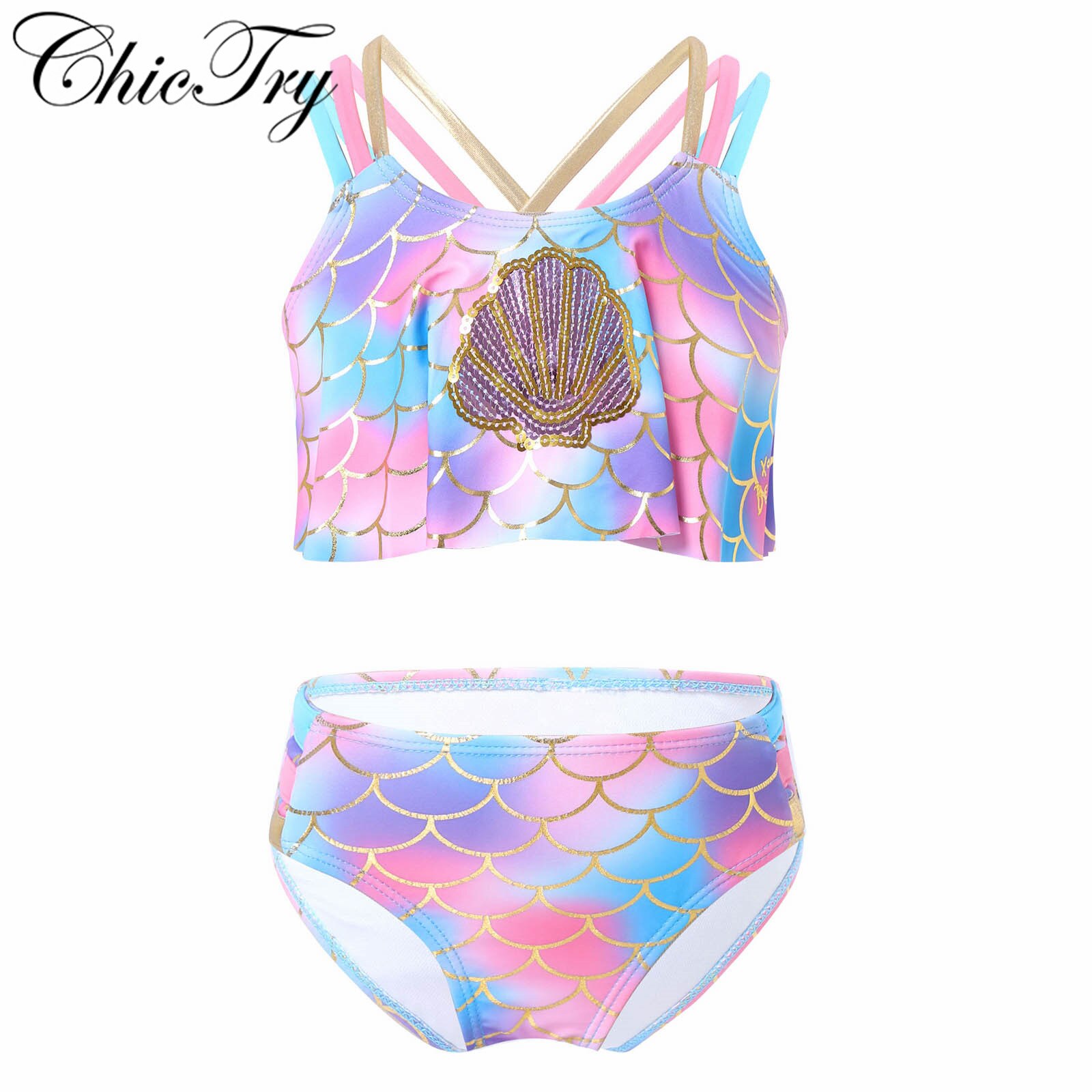 Sequins Little Girls Kids Fish Scales Print Bikini Set Mermaid Swimsuit Suit Colorful Bathing Suits Beachwear Swim Set Outfits