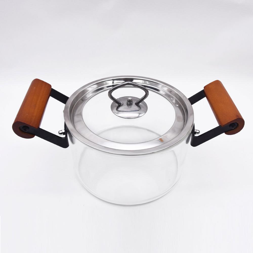 Lasinen kattila puisella kahvalla ja höyryreiällä lämmönkestävä kattila kannella 1.6l