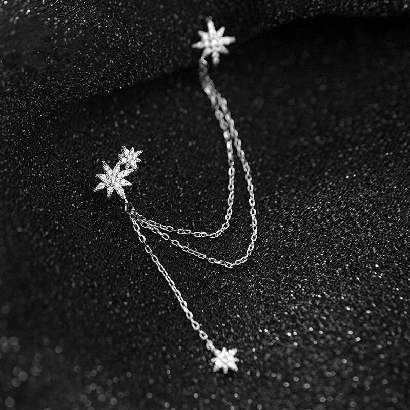 DAIWUJAN 925 Sterling Silver Zircon Snowflake Ear Clip Single Earrings Star Double Chain Tassel Cuff Earrings For Women: Default Title