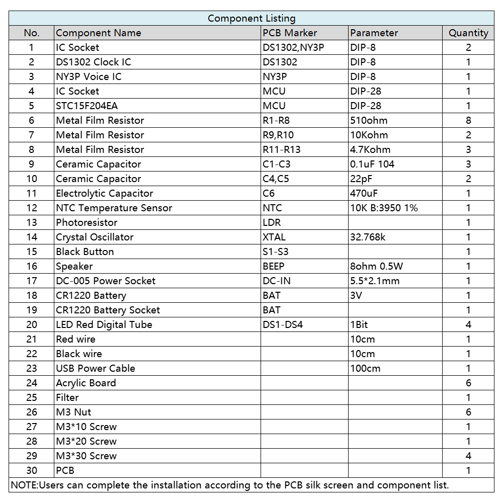 Voice Digital Electronic Clock DIY Kit DC 5V Temperature Alarm 12/24H Time Date Home Clock