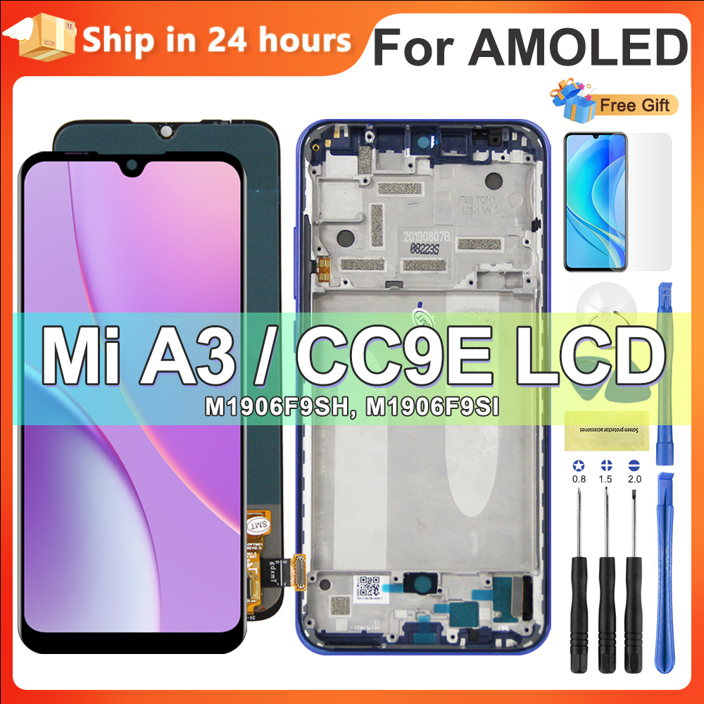 AMOLED for Mi A3 M1906F9SH Display with Frame, for Xiaomi Mi CC9e Lcd Display Touch Screen Digitizer Assembly Replacement CC9E